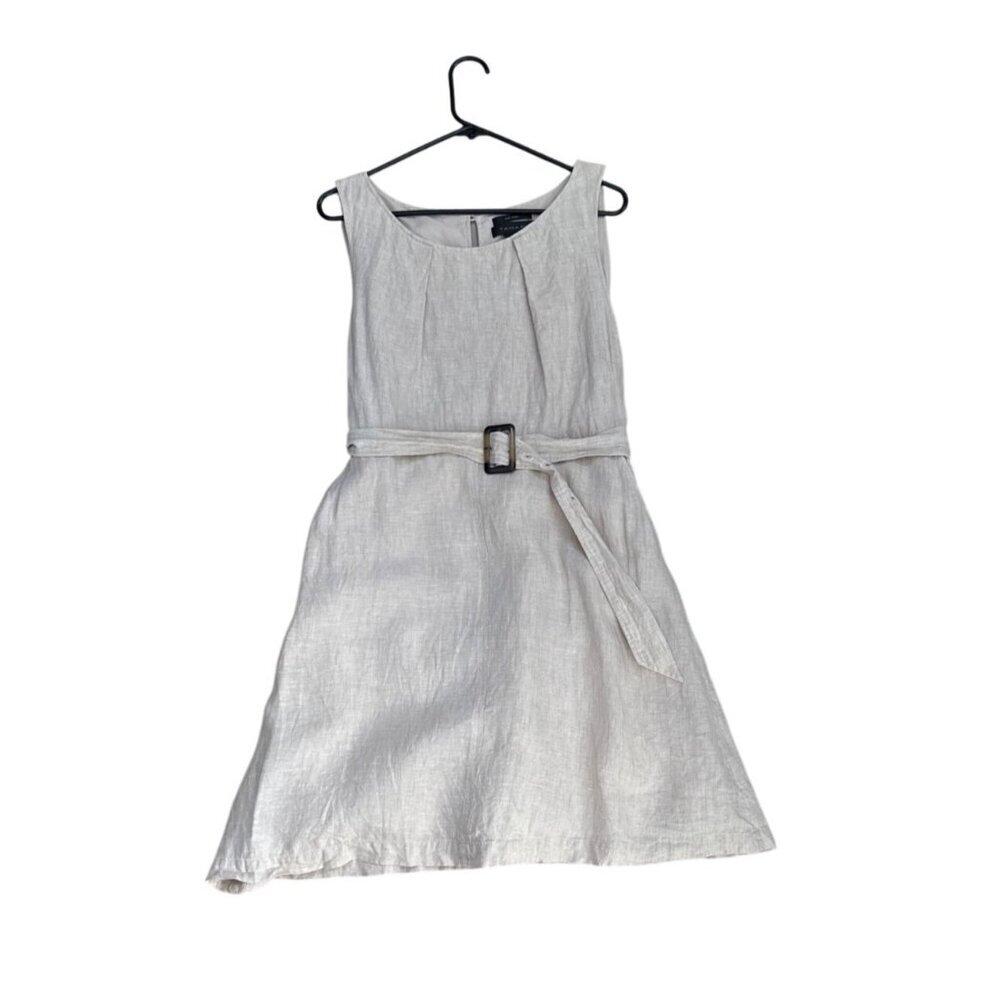 Tahari Linen Belted Sleeveless Dress Beige Size 14